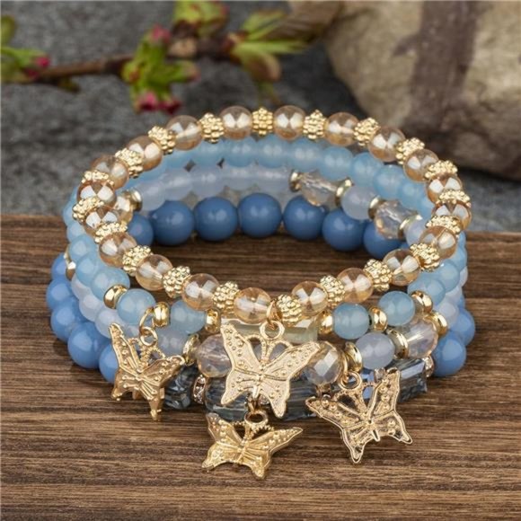 Handmade 4pcs Colorful Butterfly Pendant Stackable Stretch Crystal Stone Beaded - Picture 3 of 4